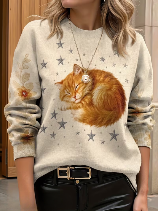 Elara™ - Sovande Katt Stickad Tröja